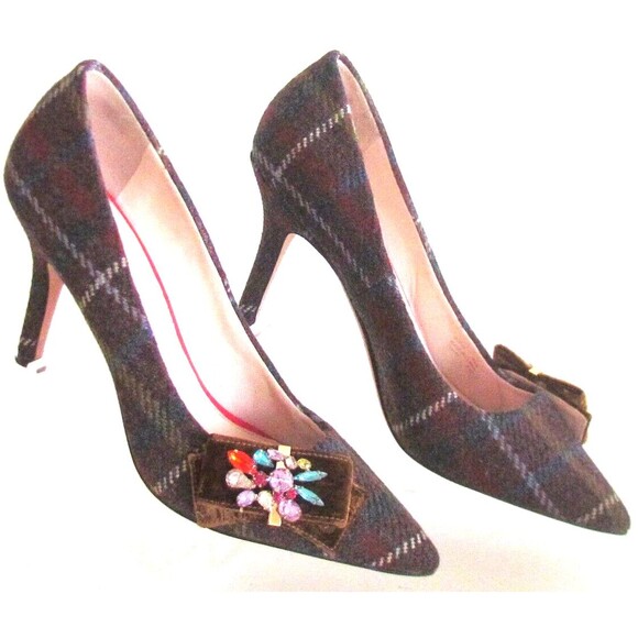 Designer Cole Haan Burgundy Tweed Plaid Bow/Brooch Pointed Toe Pumps 8.5 M - Picture 6 of 15